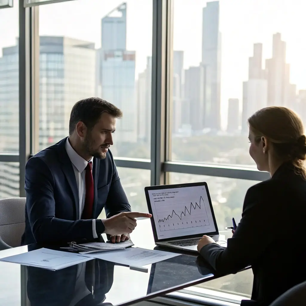 A professional financial advisor providing consultation to a client in a modern office setting, emphasizing trust and expertise.