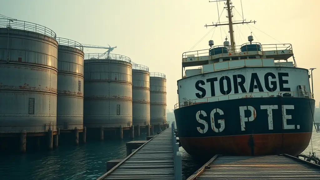 An old-style petroleum tank storage terminal by the sea, with steel storage tanks showing patina and wear. A classic oil tanker vessel moored at the pier, displaying the name “STORAGE SG PTE” in old, hand-painted maritime typography, chipped paint, antique look. Moody sky, soft fog, vintage color grading, historical industrial realism.