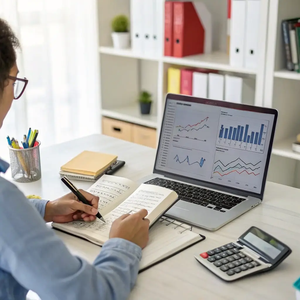 A professional working at a desk in a modern office, analyzing financial data on a computer screen. The image should convey competence and focus.