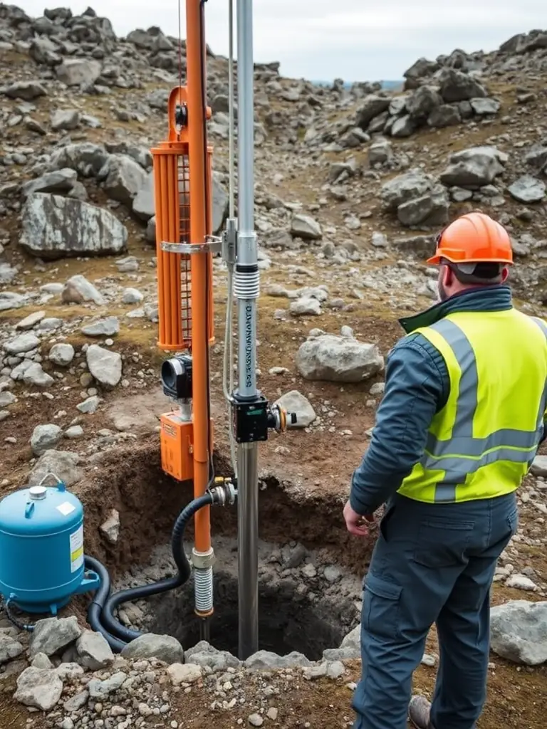 A borehole water system installation in a rocky Swedish landscape, with drilling equipment visible and a technician overseeing the process.
