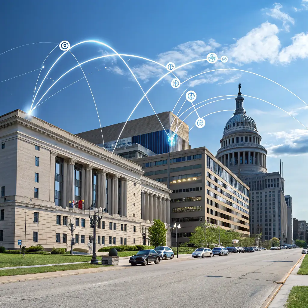 A digital illustration depicting various public safety systems (CAD, Jail, Court) connected by flowing data streams, symbolizing seamless integration. The ConfiTrek logo is subtly incorporated into the central hub of the data flow.