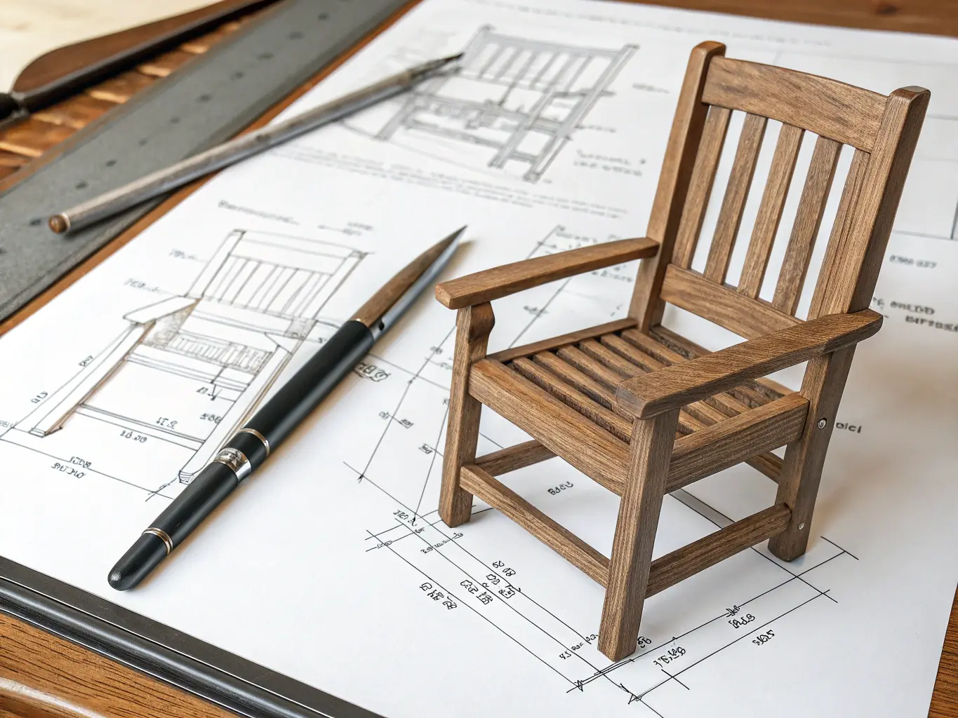 A detailed design sketch of a modern wooden chair, showcasing intricate joinery and ergonomic design, placed on a drafting table with various tools and material samples, symbolizing Dravin International's custom design capabilities.