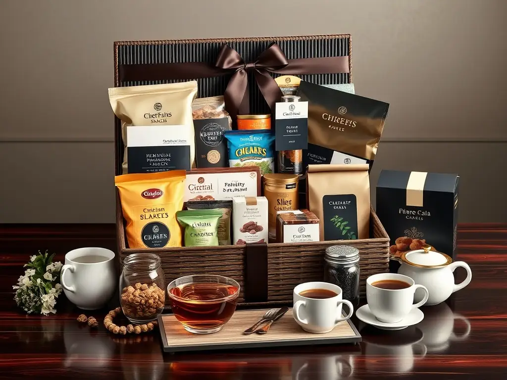 A digitally rendered image of a wooden gift hamper with a custom logo subtly branded on the packaging, illustrating Dravin International's OEM/Private Labeling options for businesses looking to create branded product lines.