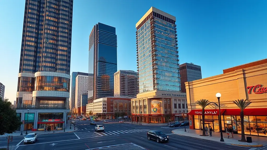 A panoramic view of Texarkana, showcasing the city skyline with a focus on local landmarks and businesses.