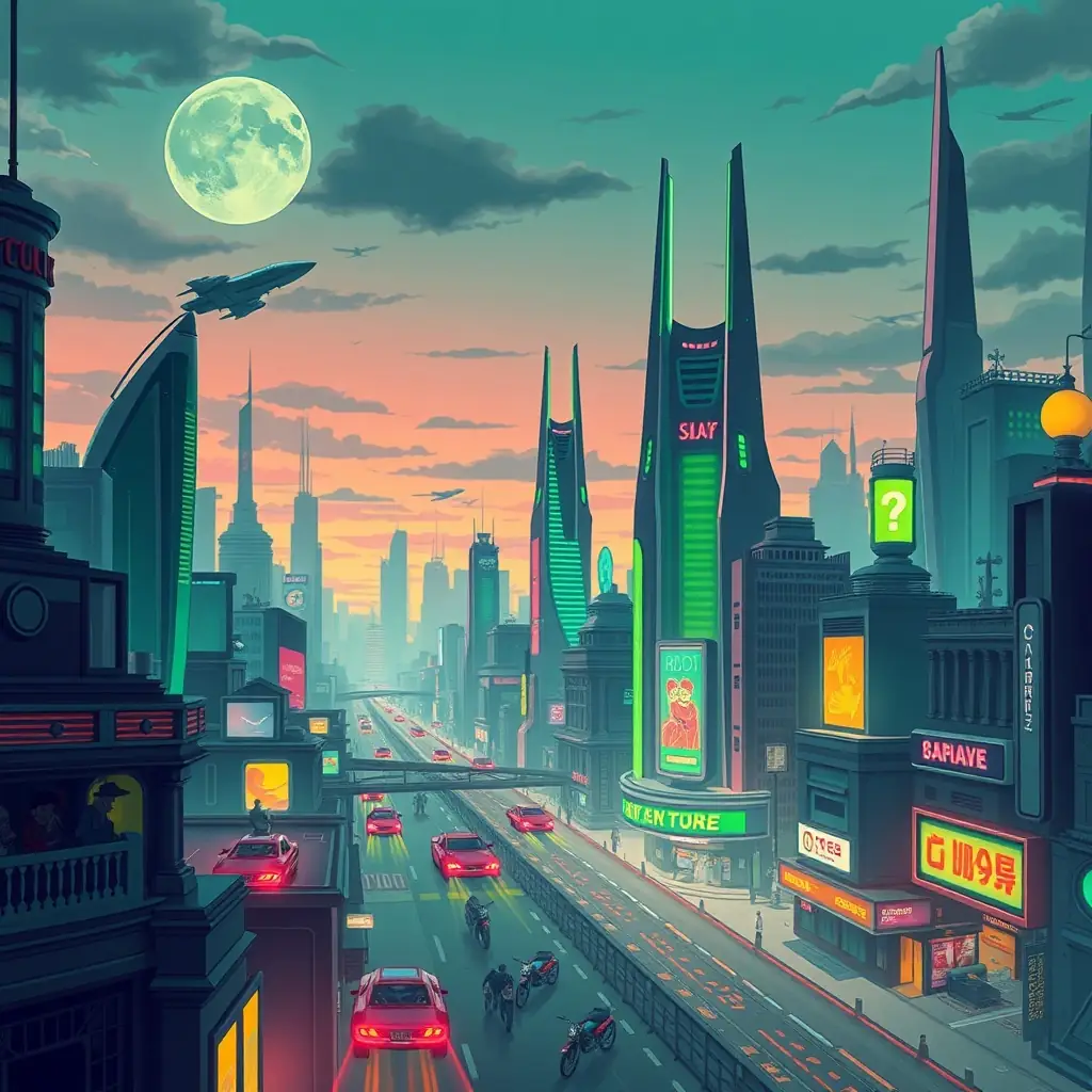 A futuristic cityscape with glowing neon signs and digital billboards, symbolizing the digital marketing landscape. An X Wing Fighter flies overhead, representing the cutting-edge technology and innovation of Omegacube Agency.