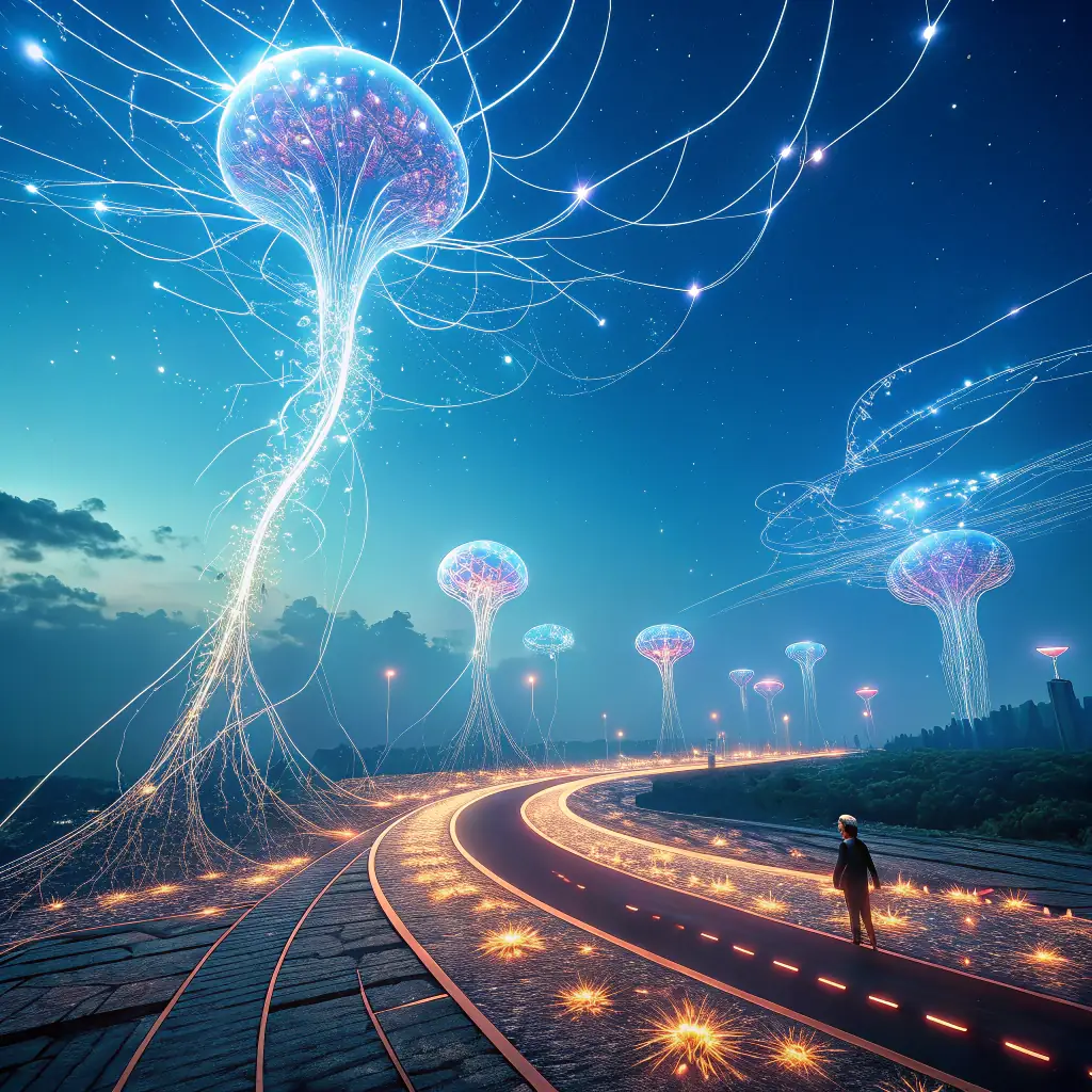 A visually striking image depicting a network of interconnected nodes representing multimodal AI, with various data types (text, image, audio, video) flowing between them, symbolizing ARPANET's expertise in handling diverse data formats.