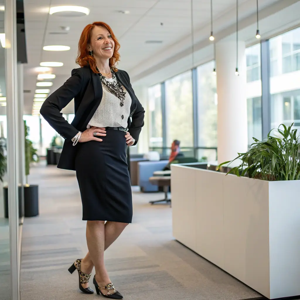 Fiona is a woman with red hair and a confident, organized presence.