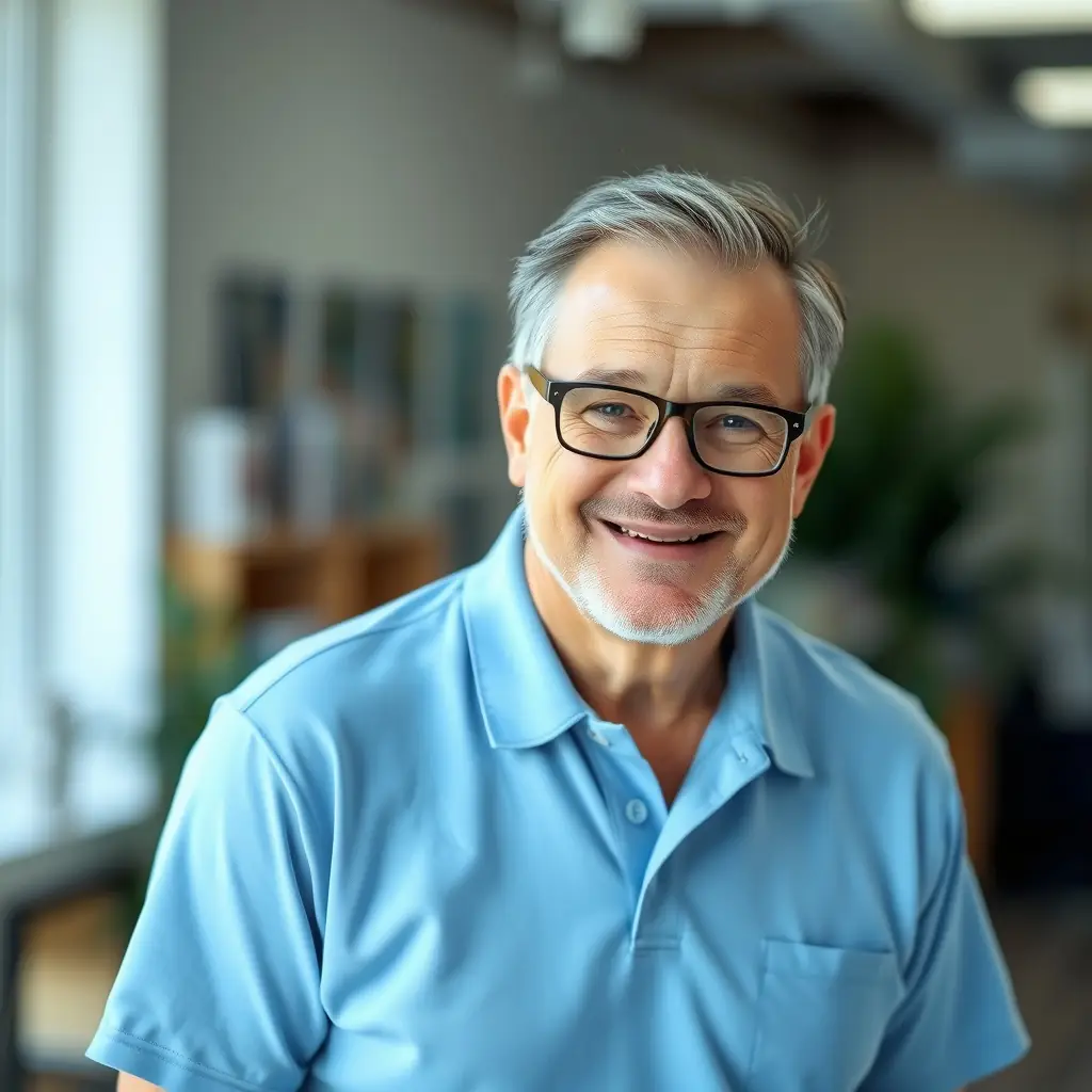 George is a man with glasses and a calm, helpful attitude.