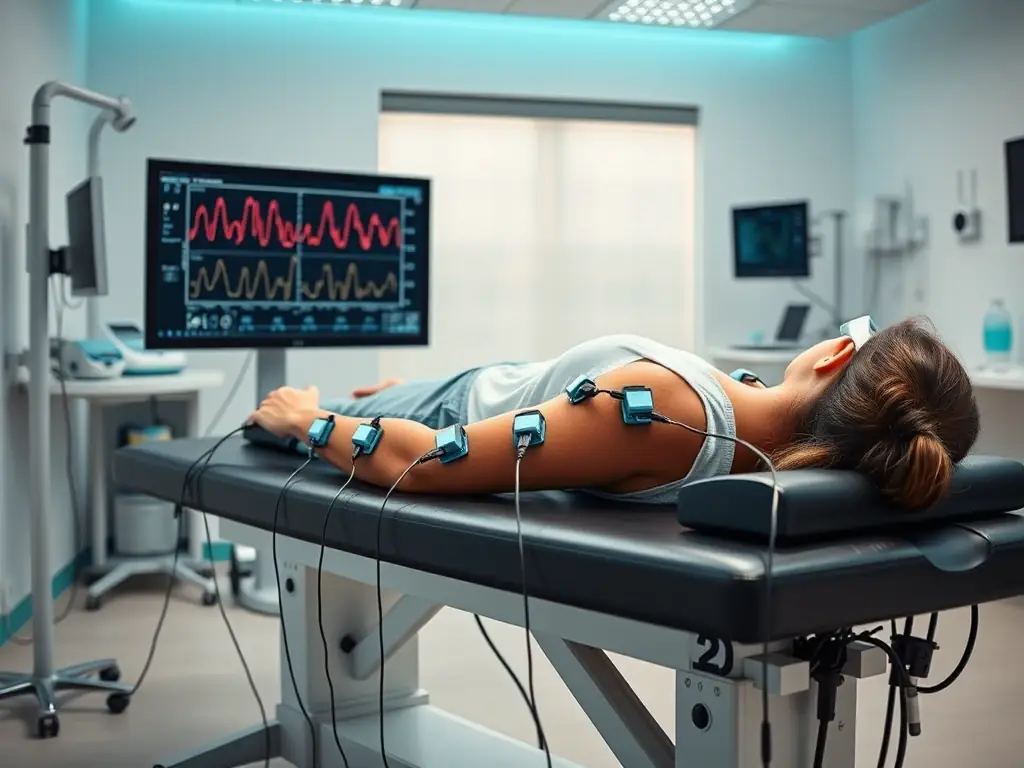 A detailed image of sEMG sensors placed on a patient's muscles during a physiotherapy session, showing the data being recorded on a computer screen.