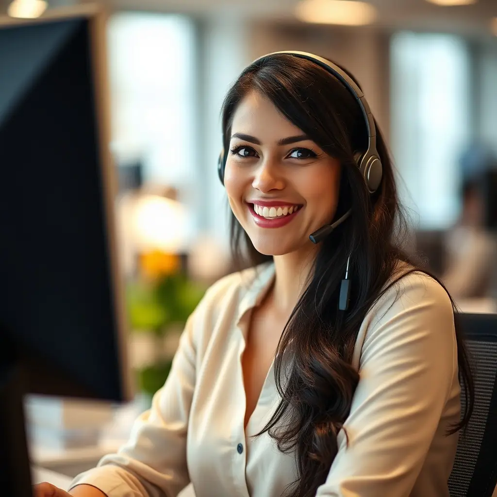 Emily is a woman in her mid-30s with long blonde hair, wearing a headset and smiling genuinely.