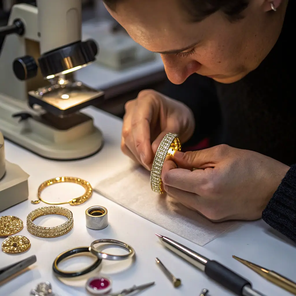 A close-up shot of a skilled artisan meticulously polishing a newly crafted gold vermeil ring in a bright, modern jewelry workshop. The focus is on the artisan's hands and the gleaming ring, showcasing the precision and artistry involved in HonHo Jewelry's manufacturing process. The background includes various tools and equipment used in jewelry making, subtly indicating the comprehensive design-to-production capabilities.