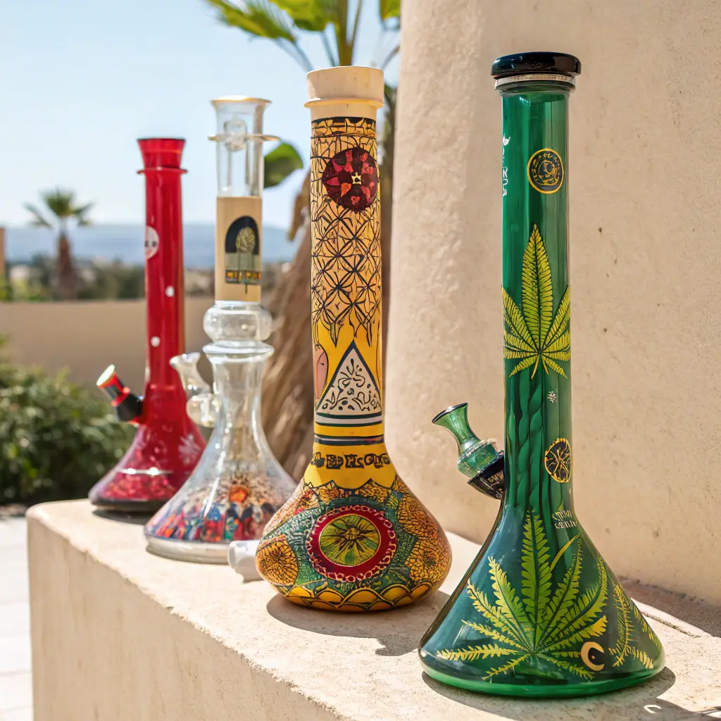 A high-quality image showcasing a variety of premium glassware and smoking accessories available at Slabteam, arranged artfully to highlight the craftsmanship and variety.