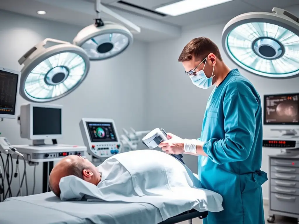 A surgeon performing laser hemorrhoid surgery in a modern operating room, showcasing advanced technology and a minimally invasive approach.