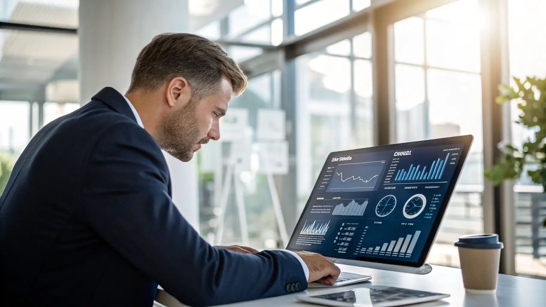 A professional showcasing data analytics on a dashboard, highlighting Omegacube's data-driven approach to Amazon seller consulting.
