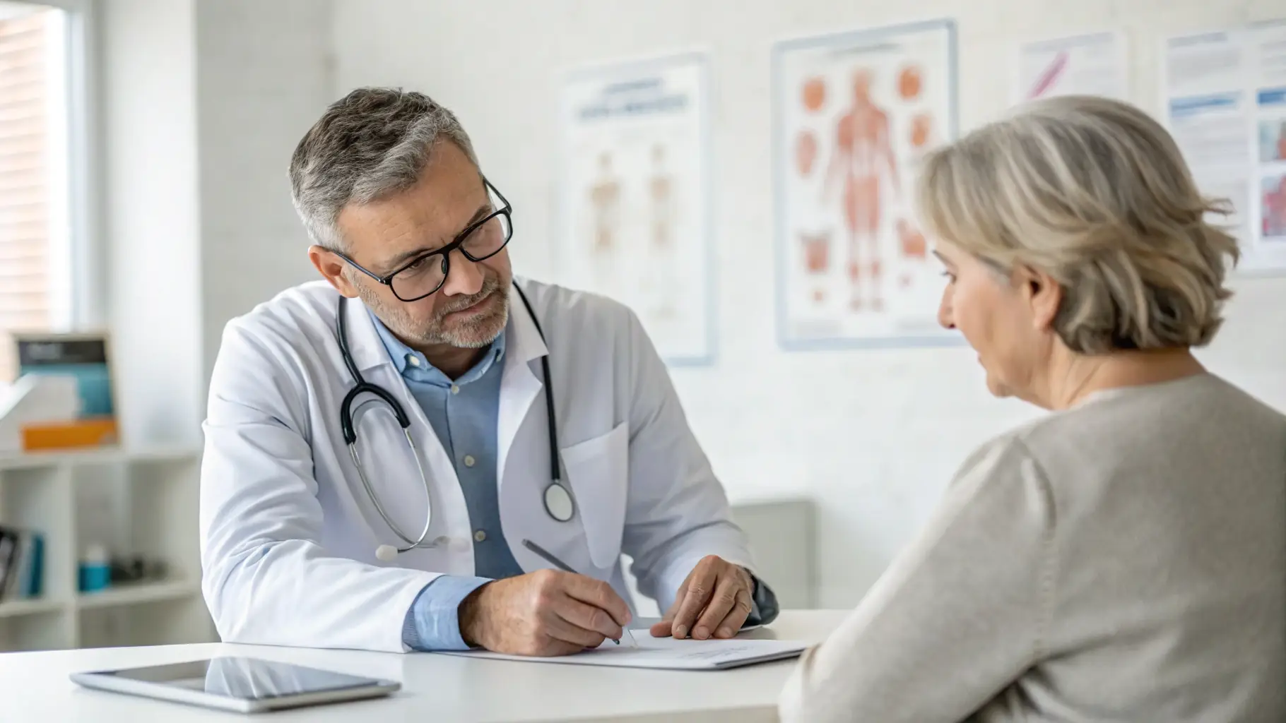 A medical professional explaining test results to a patient in a modern clinic setting.