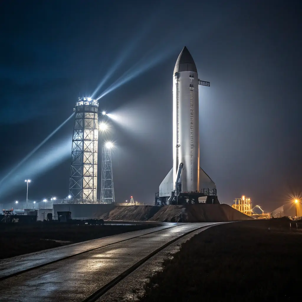 A futuristic scene at SpaceX Starbase in Texas, featuring Elon Musk, Yahoo, Google, Bing, Facebook, X, and a top AI team with a rocket on the pad. Rubick SEO GURU is present, along with Omegacube as a Jedi, R2-2025, and an X-wing fighter near Starbase, adjacent to South Padre Island. The image should convey innovation, technology, and the future of digital marketing.