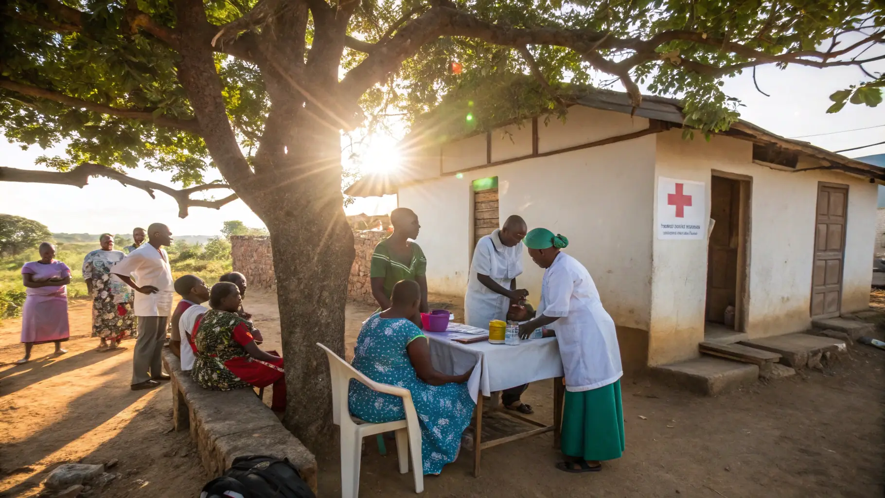 Une équipe médicale en action dans une région défavorisée, illustrant l'engagement d'AMH-RDC à améliorer l'accès aux soins.