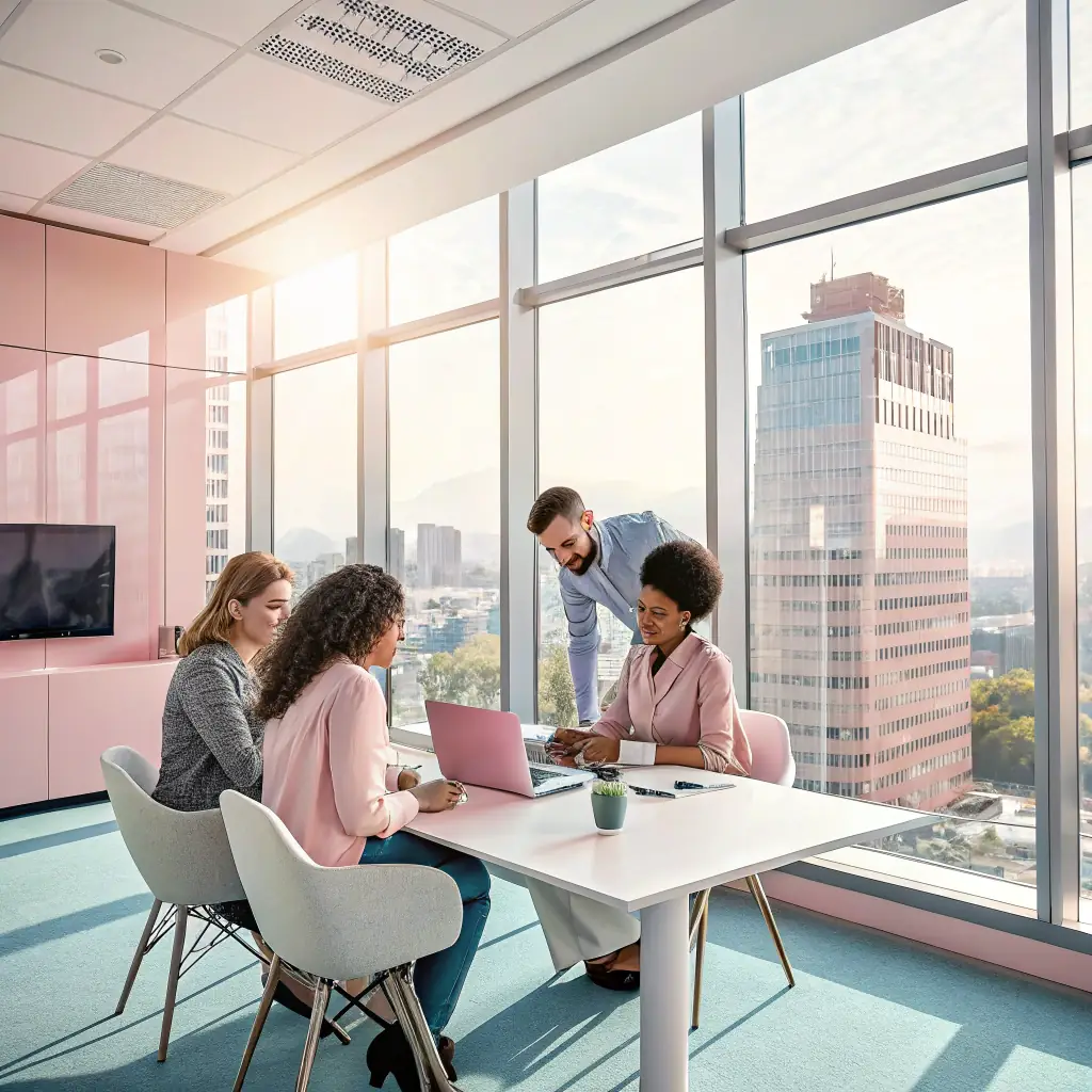 a modern, sleek office environment with team members collaborating on digital devices, representing innovation and teamwork, digital marketing agency branding style