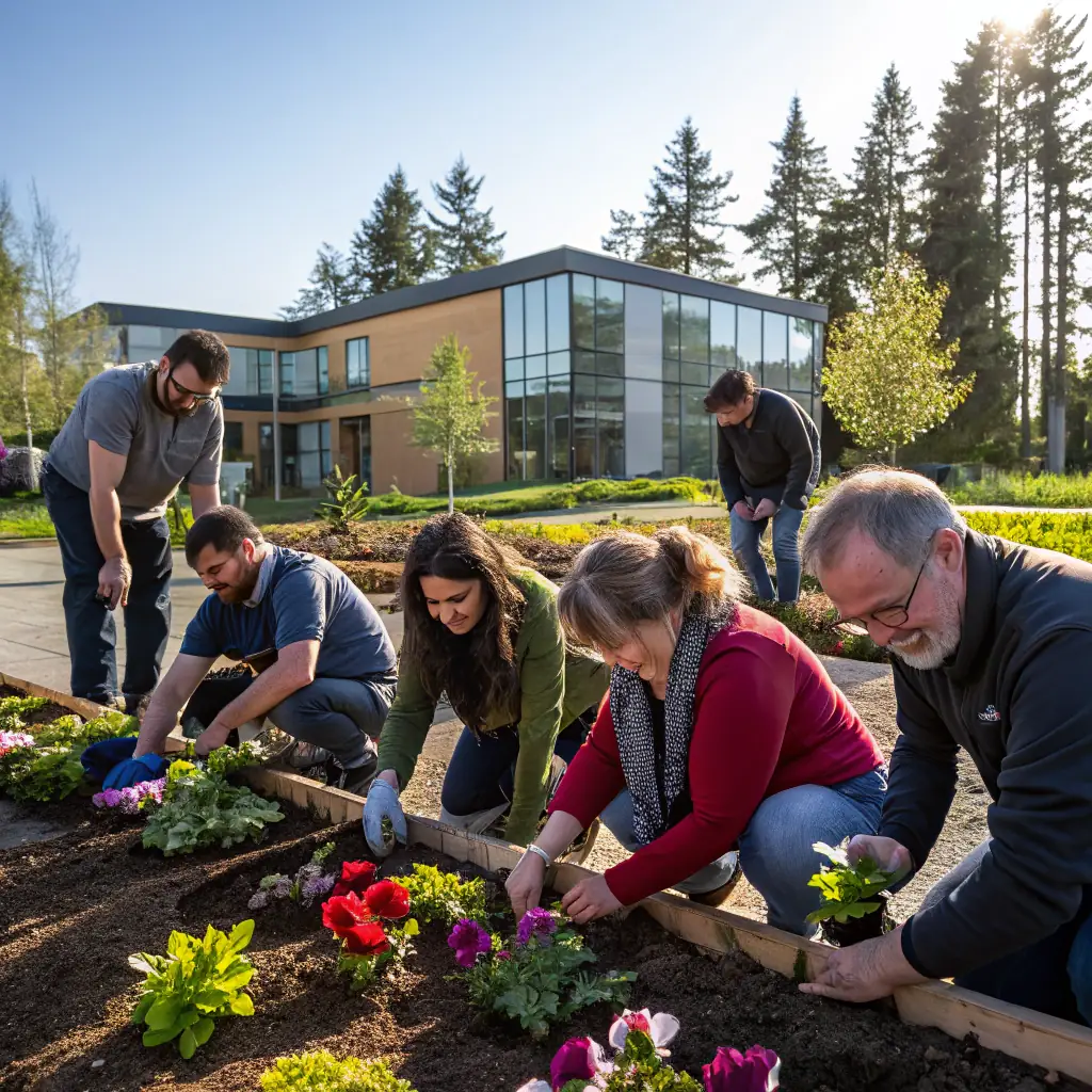 a vibrant, inspiring image of people working together on a community garden or renewable energy project, symbolizing collective effort and sustainability