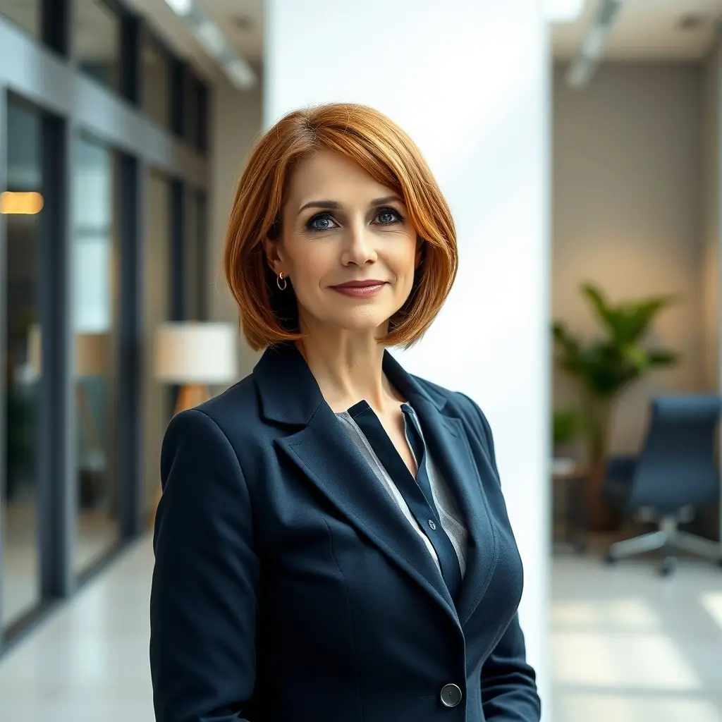 Elena is a poised woman in her early 50s, with shoulder-length dark hair and sharp blue eyes, often seen in tailored suits.