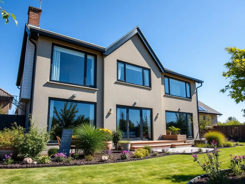 A modern UK family home with a subtle blueprint-style extension overlay. Clean blue/grey/yellow palette, bright lighting, no branding.