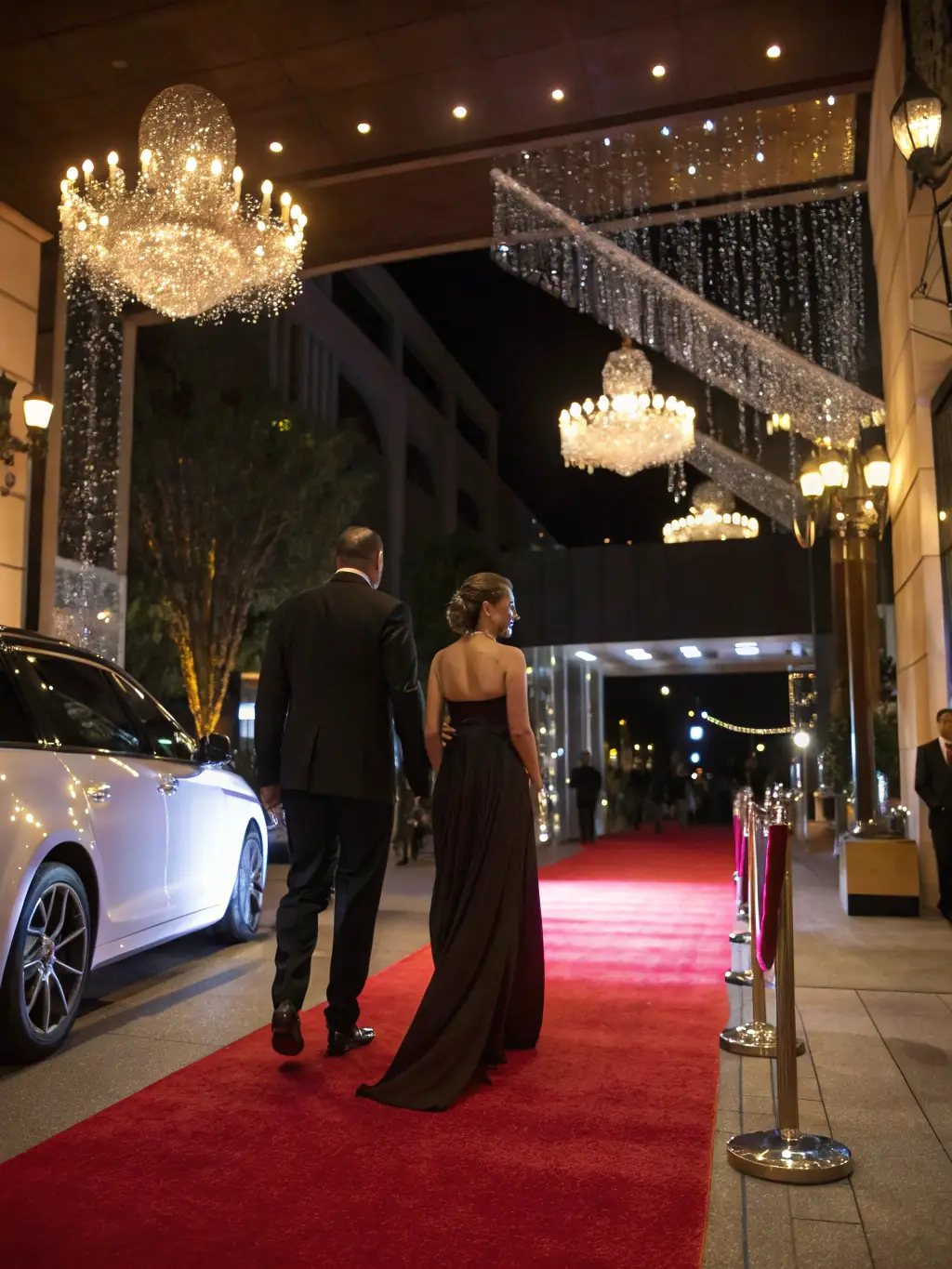 A group of stylishly dressed people entering ROMA BUSINESS & SOCIAL CLUB without paying, illustrating the no cover charge benefit for members and their guests.