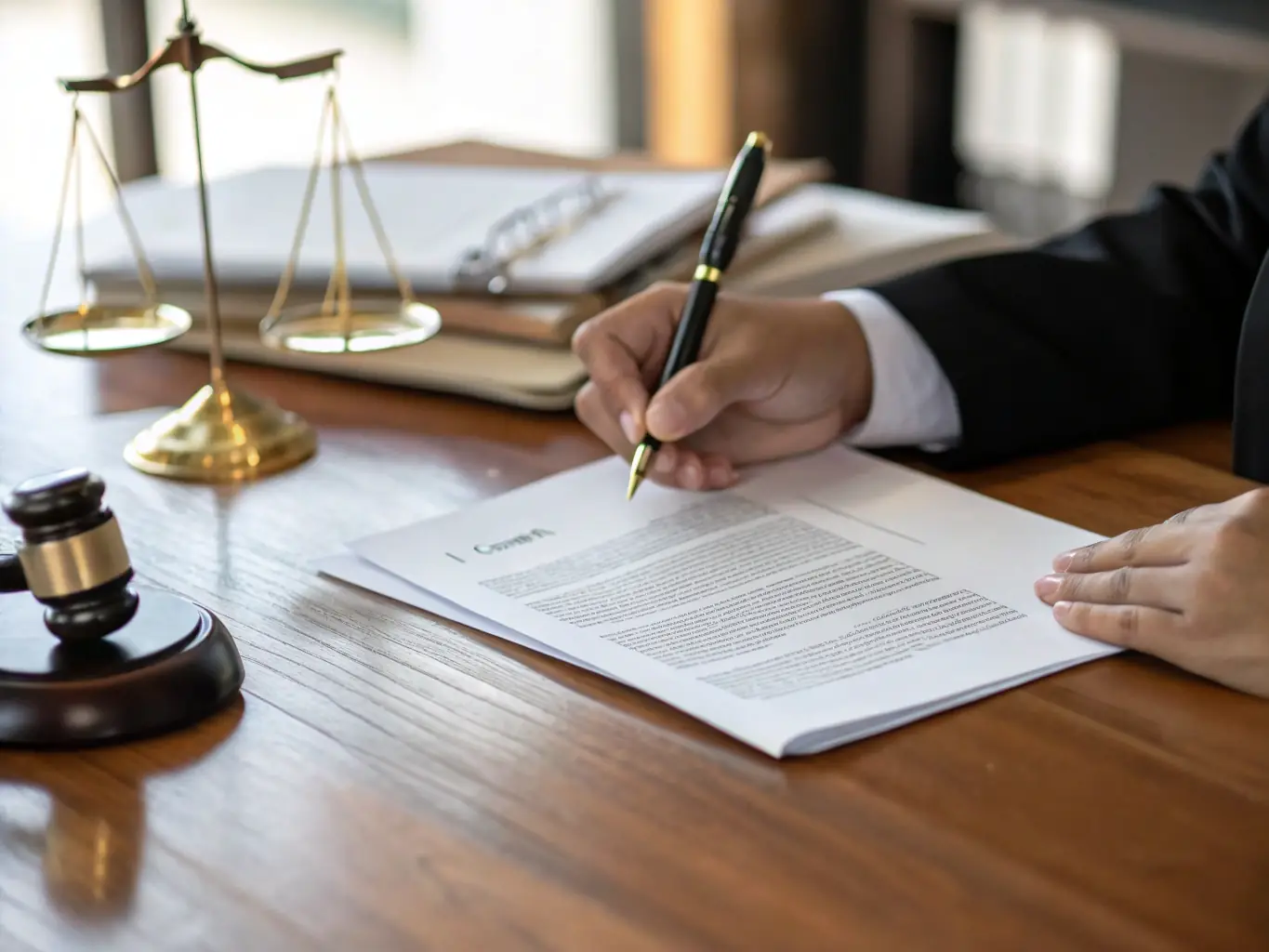 A close-up of legal documents being signed with a pen, emphasizing the importance of proper closing document preparation, for Trustpoint's legal services.