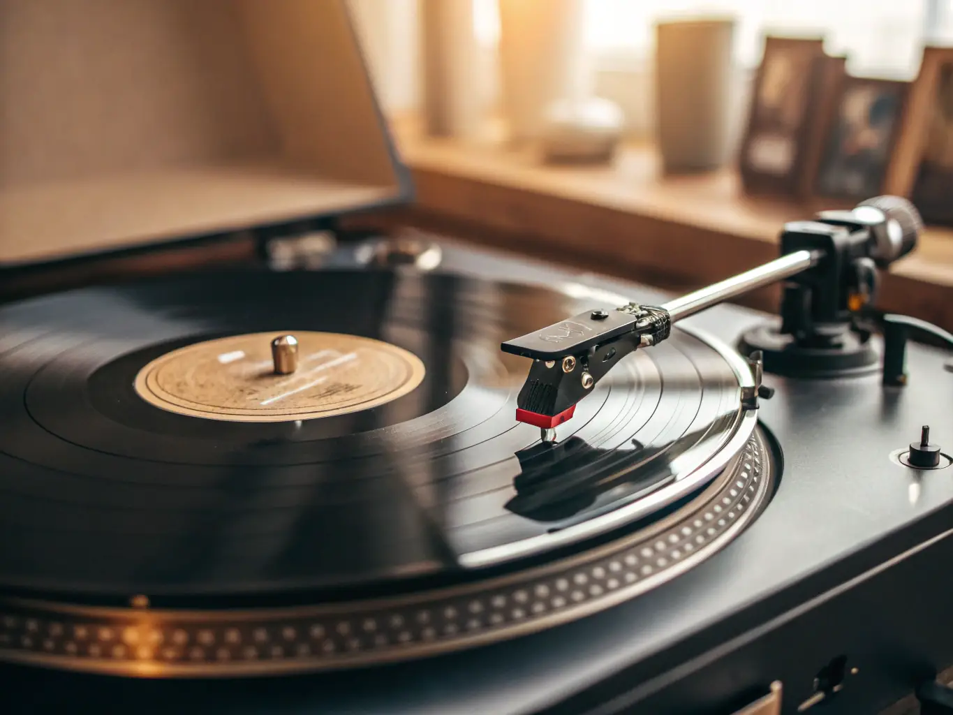 A close-up of a vinyl record spinning on a turntable, with headphones resting nearby.