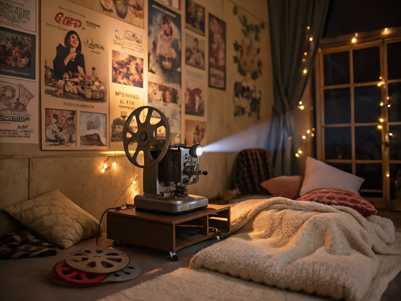 A movie projector casting a beam of light onto a screen, with silhouettes of people watching in the background.