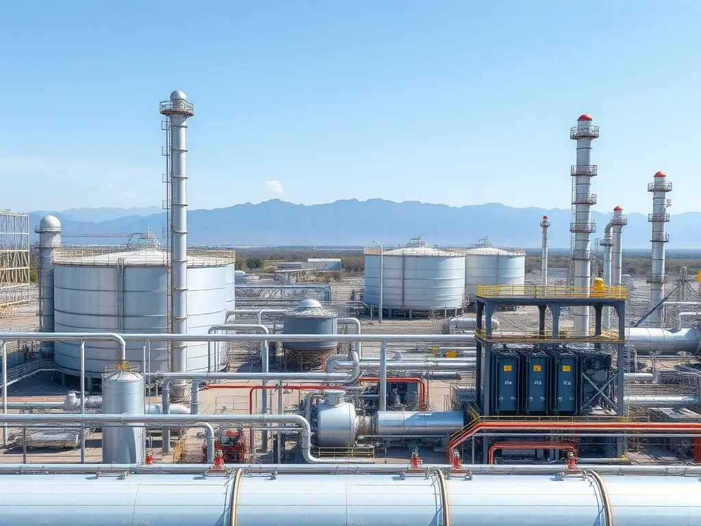 A modern industrial refinery facility with tanks and pipelines, representing KHORGOS PETROLEUM REFINERY's infrastructure and operational scale.