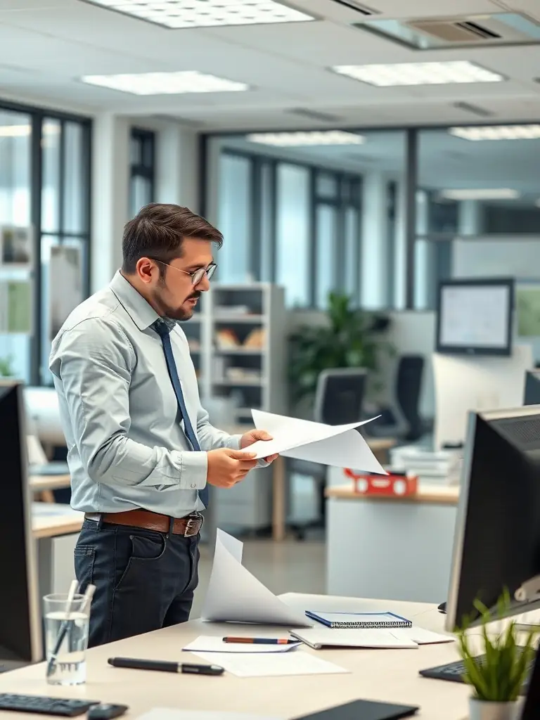 A consultant conducting an onsite ADA compliance assessment, reviewing accessibility features in a business environment.