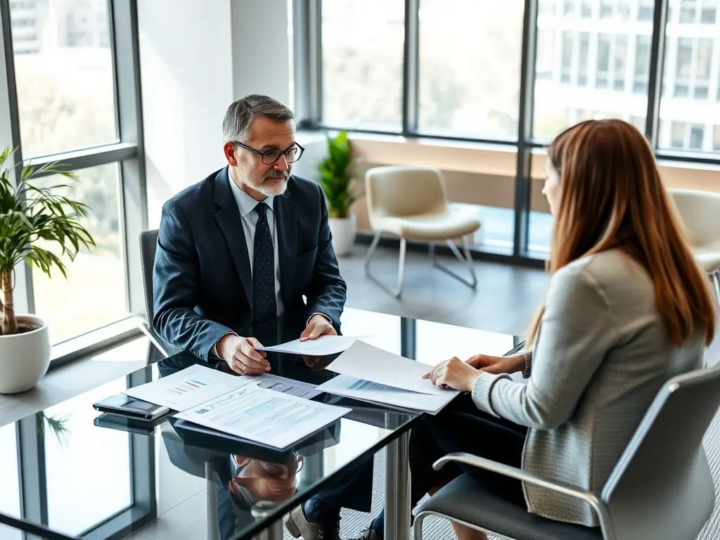 A professional image of a financial advisor sitting across a desk, explaining life insurance options to a young couple. The setting is a modern office, conveying trust and expertise.