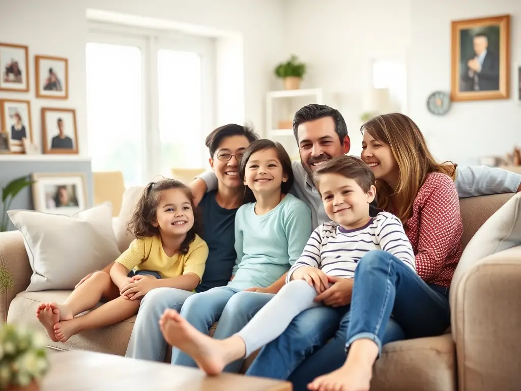 A heartwarming image of a family—parents and two children—laughing together in their living room. The scene is bathed in warm, natural light, symbolizing the security and happiness that life insurance can provide.