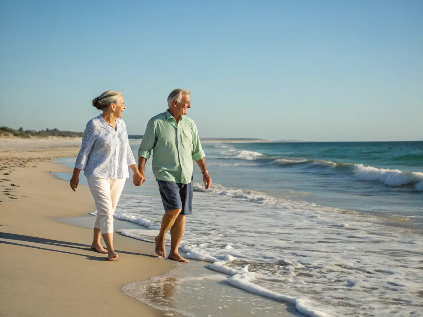 A serene image of an elderly couple holding hands while walking along a beach at sunset. The scene evokes a sense of long-term security and peace of mind, highlighting the lasting benefits of life insurance.