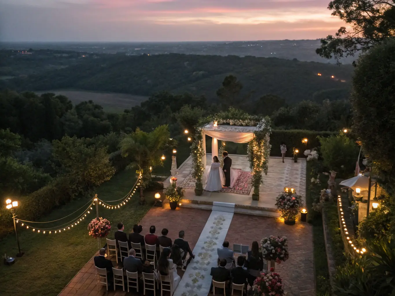 A breathtaking aerial view of a wedding event captured by our drone service.