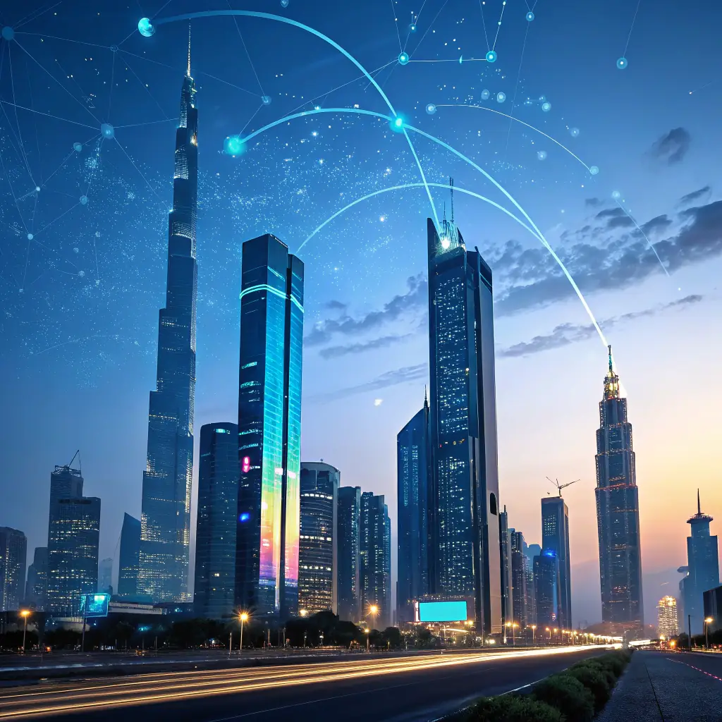 A futuristic cityscape with glowing lines representing data flow and AI algorithms, overlaid on an e-commerce storefront, symbolizing the integration of AI in SEO for online businesses.