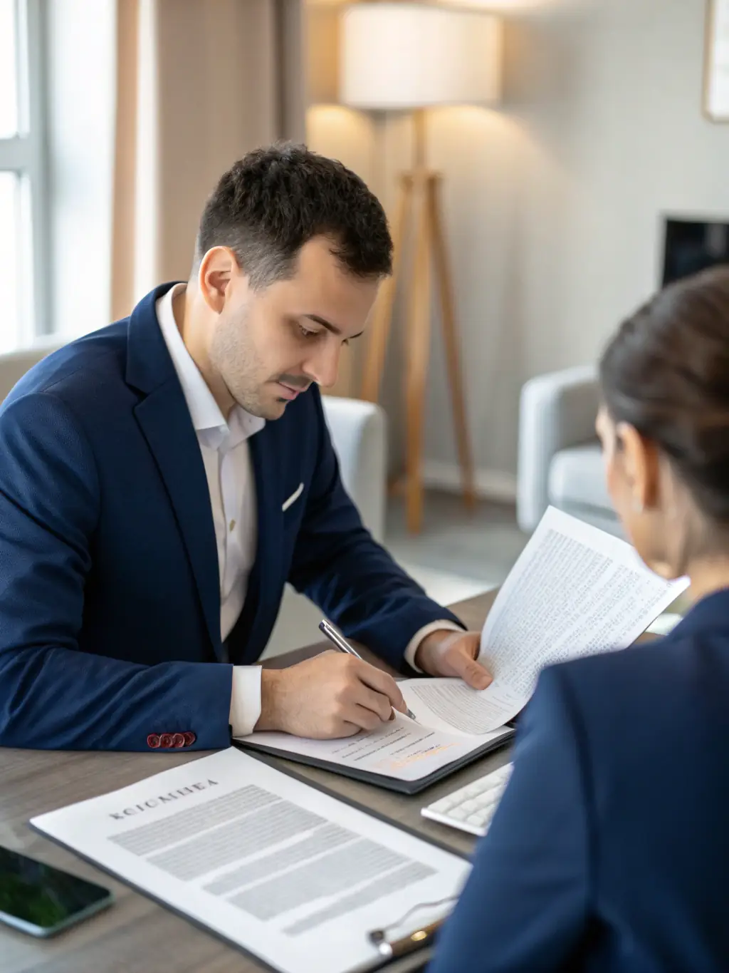 A professional notary public carefully examines a legal document under a bright lamp, ensuring all details are accurate and compliant with regulations, reflecting TrustPoint's commitment to precision.