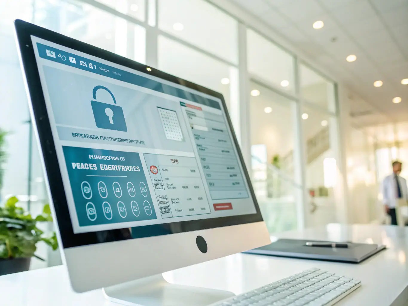 A clean and modern image of a computer screen displaying a secure patient tracking software interface, emphasizing the security and efficiency of the back-office services. The interface is user-friendly and professional.