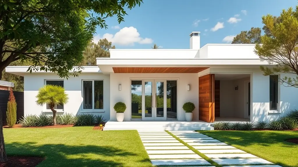 A beautiful, modern house with a well-manicured lawn and a bright blue sky in the background.