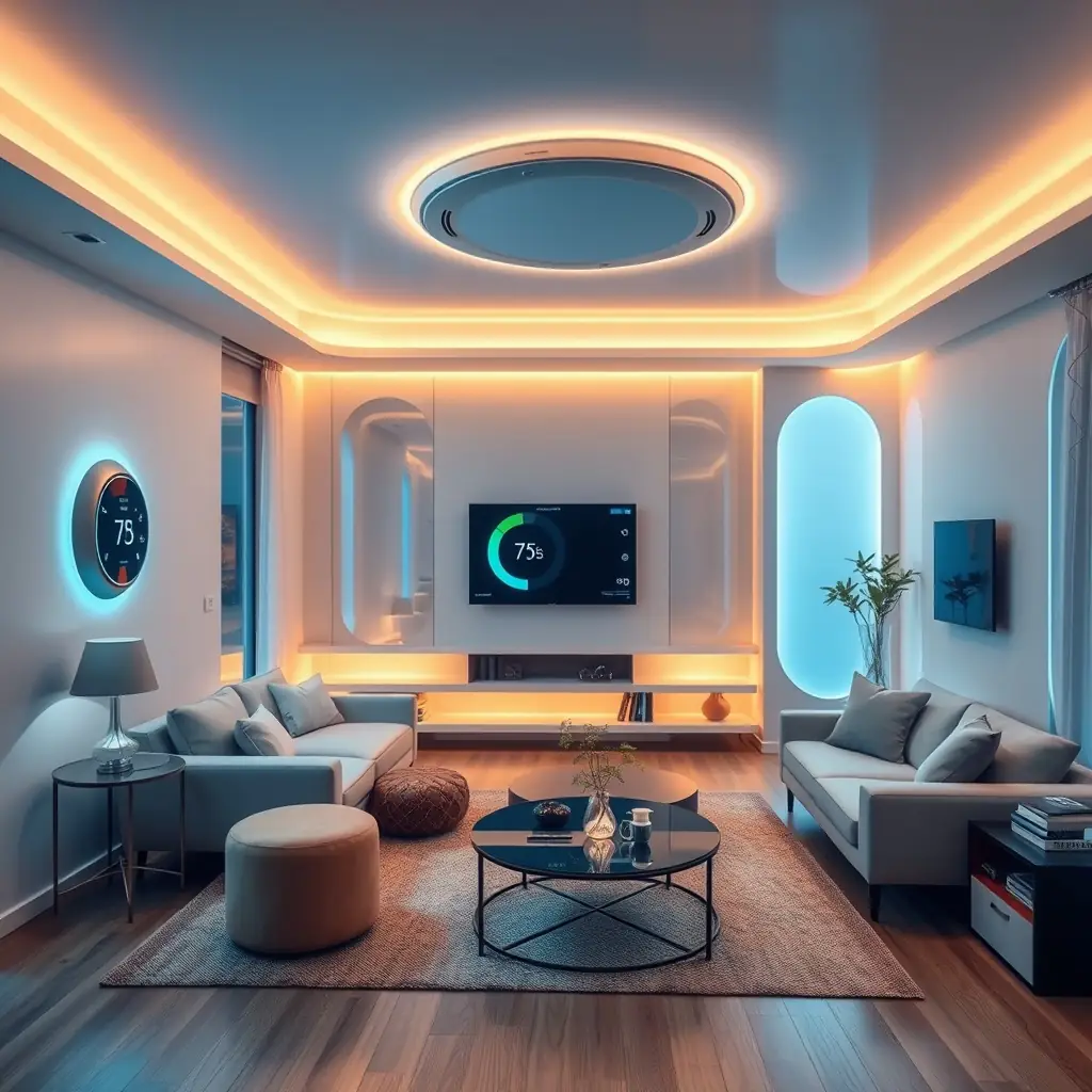 A modern, minimalist interior of a 3D-printed smart home, showcasing integrated smart lighting, a smart thermostat, and energy-efficient appliances. The scene is well-lit and inviting, emphasizing the seamless integration of technology and comfort.