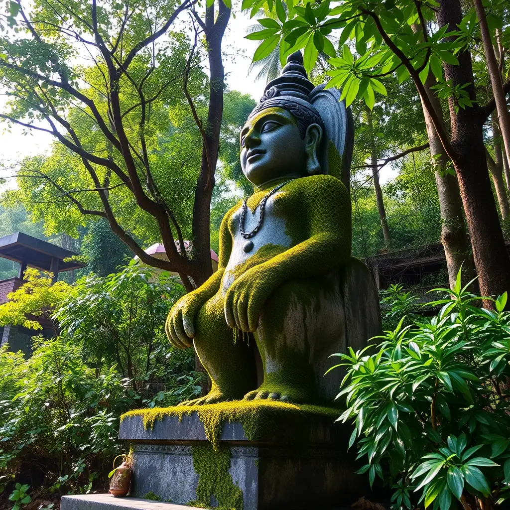 A serene image of the Karumadi Kuttan statue in its natural setting in Karumadi, Kerala, with lush greenery in the background. The statue should be partially covered, hinting at its mysterious past.