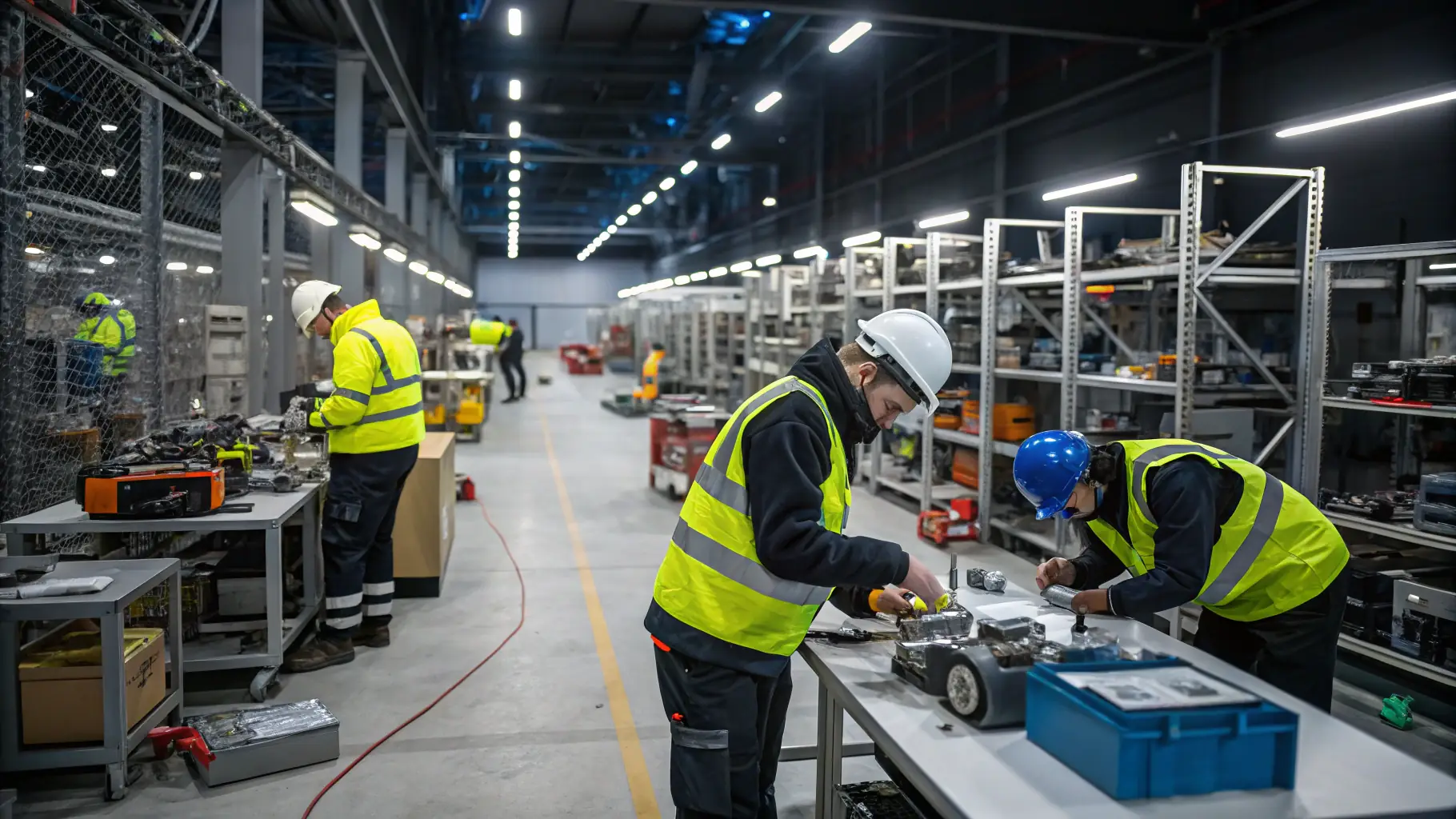 Técnicos com EPI realizando montagem de componentes industriais em ambiente de produção organizado