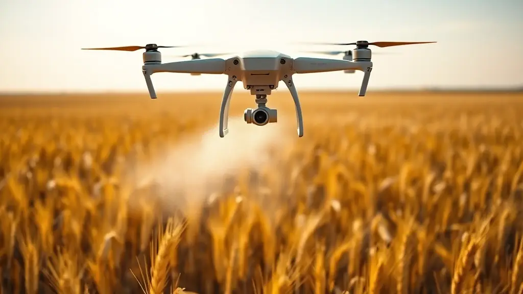 Use of Plant Growth Regulator - A field of crops being sprayed with a custom-formulated plant growth regulator by a drone, showcasing precision and efficiency.