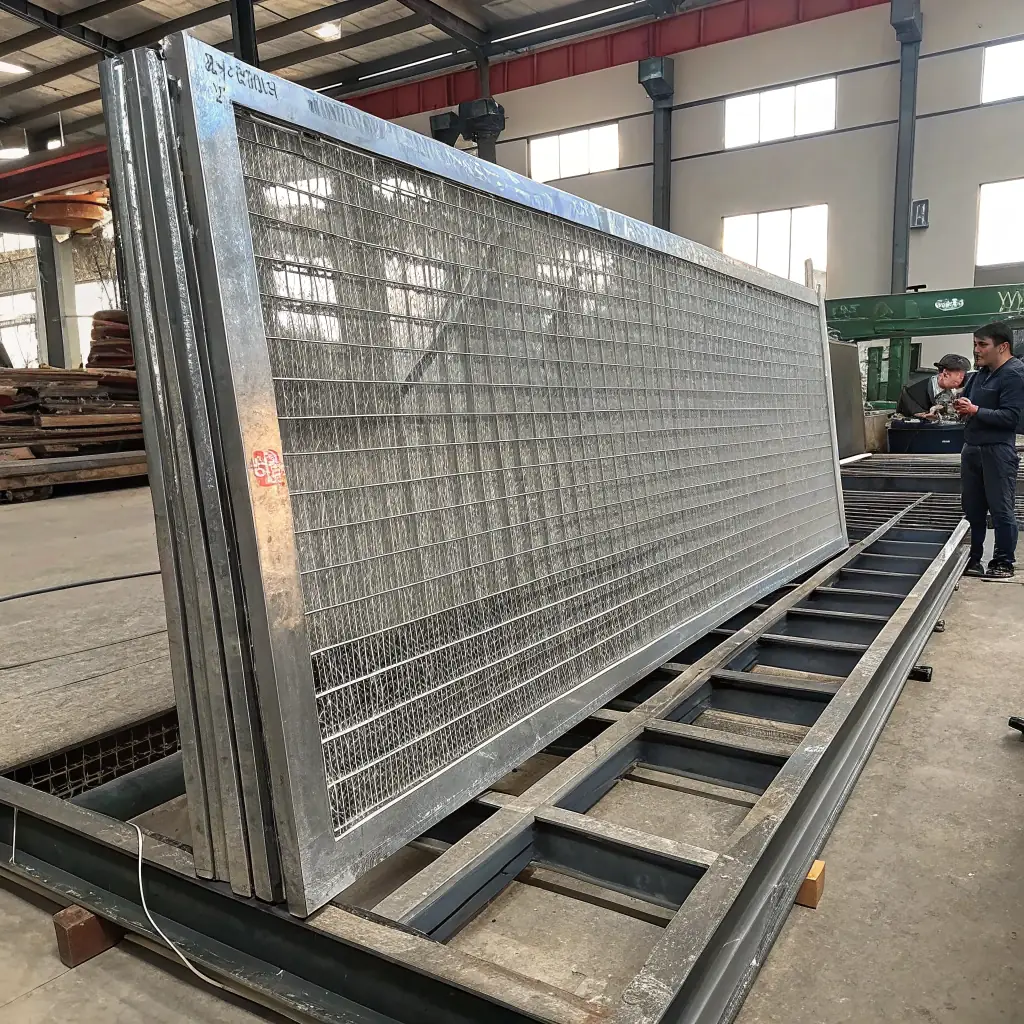 full-screen image of high-quality metal wire mesh, showcasing the craftsmanship and material quality, with a clean and minimalist aesthetic, in a professional industrial setting