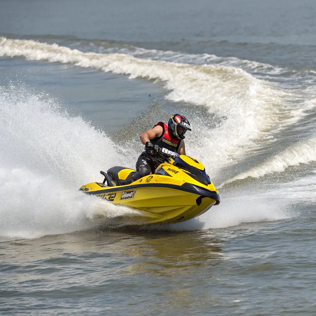 A vibrant image capturing the thrill of riding a jet ski on the clear blue waters off the coast of Gran Canaria, with a focus on the sense of freedom and adventure. The image should convey speed, excitement, and the beauty of the coastal landscape.