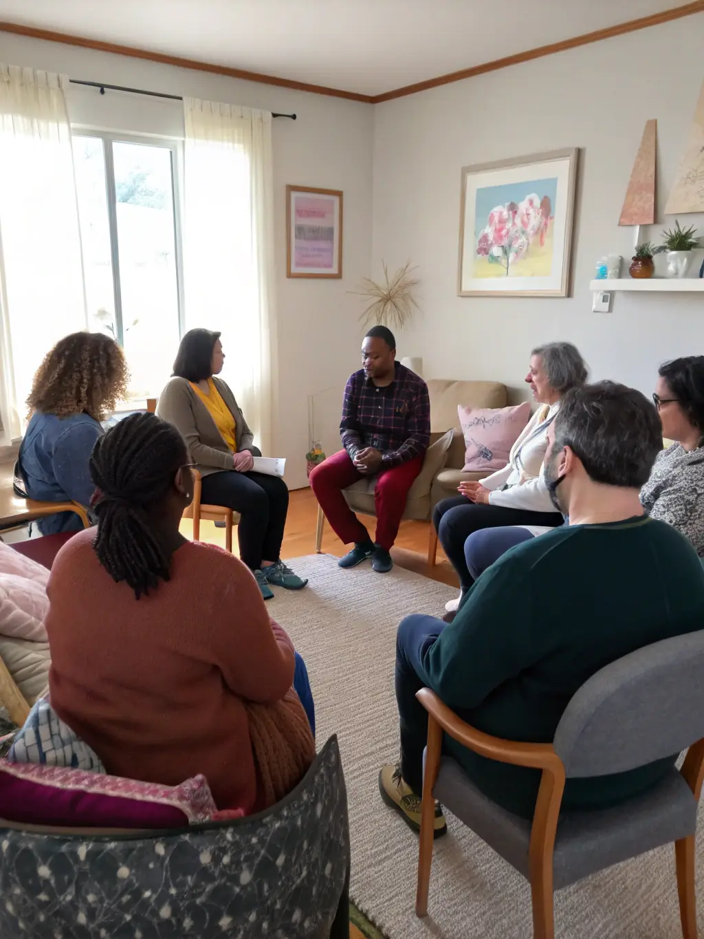 A supportive group therapy session with diverse individuals, representing the journey to recovery from drug addiction. The atmosphere is warm and encouraging.