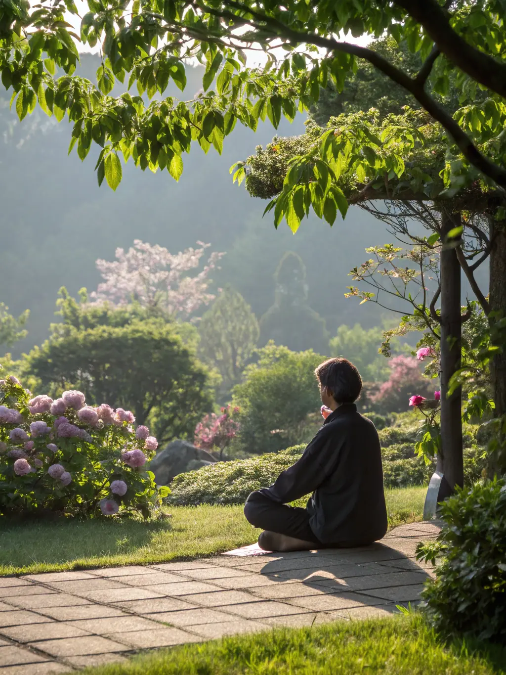 A serene image of a person practicing mindfulness outdoors, symbolizing recovery from alcohol addiction. The setting is a peaceful garden with soft, natural light.