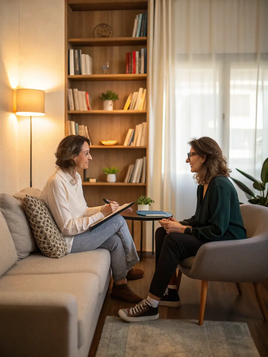 A therapist providing empathetic counseling to a patient, illustrating the treatment of depression and anxiety. The scene is set in a comfortable, private office.