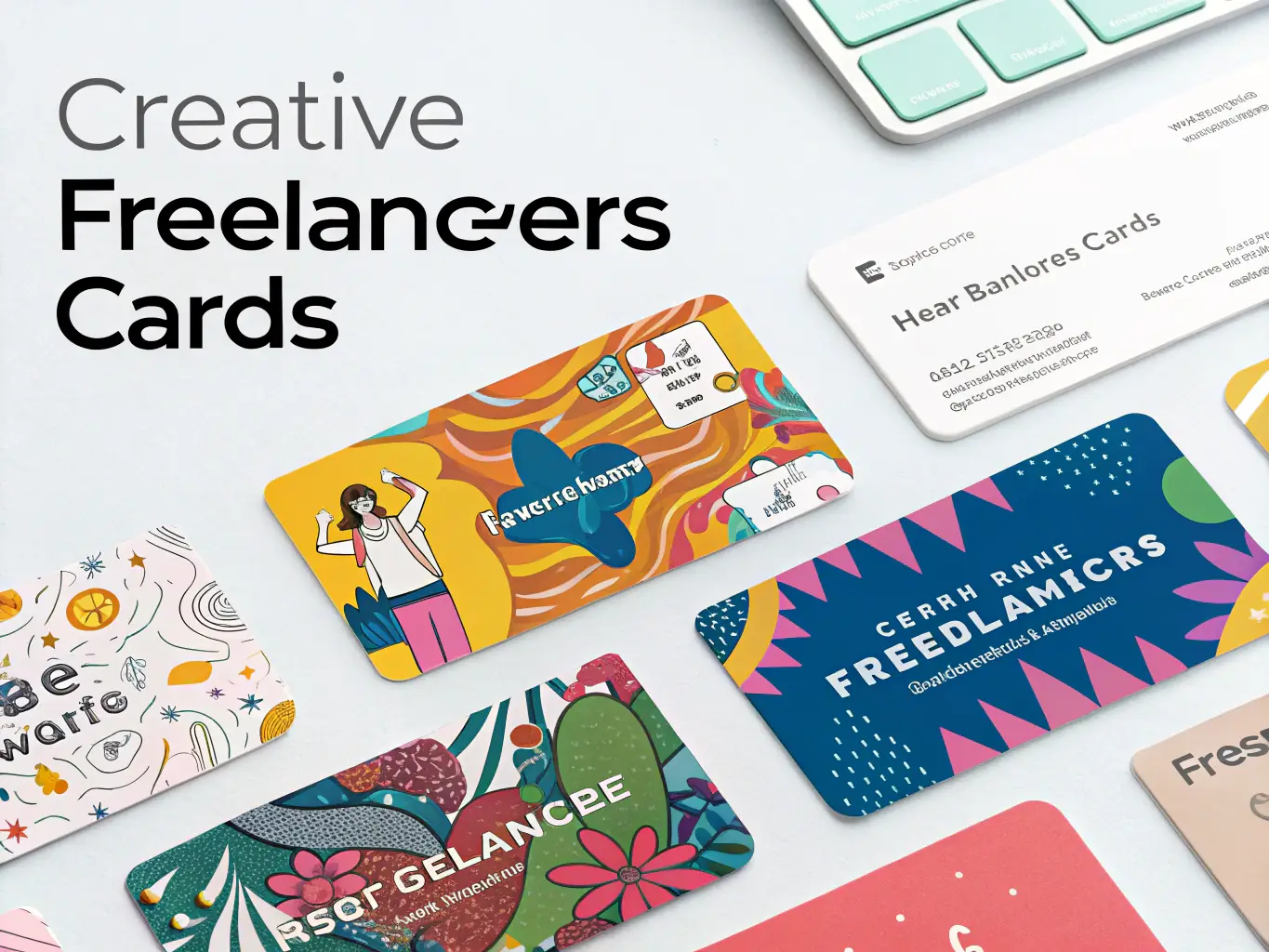 A vibrant and colorful collage of business cards featuring creative and artistic designs, including illustrations, patterns, and bold typography, set against a white background to emphasize the visual impact.