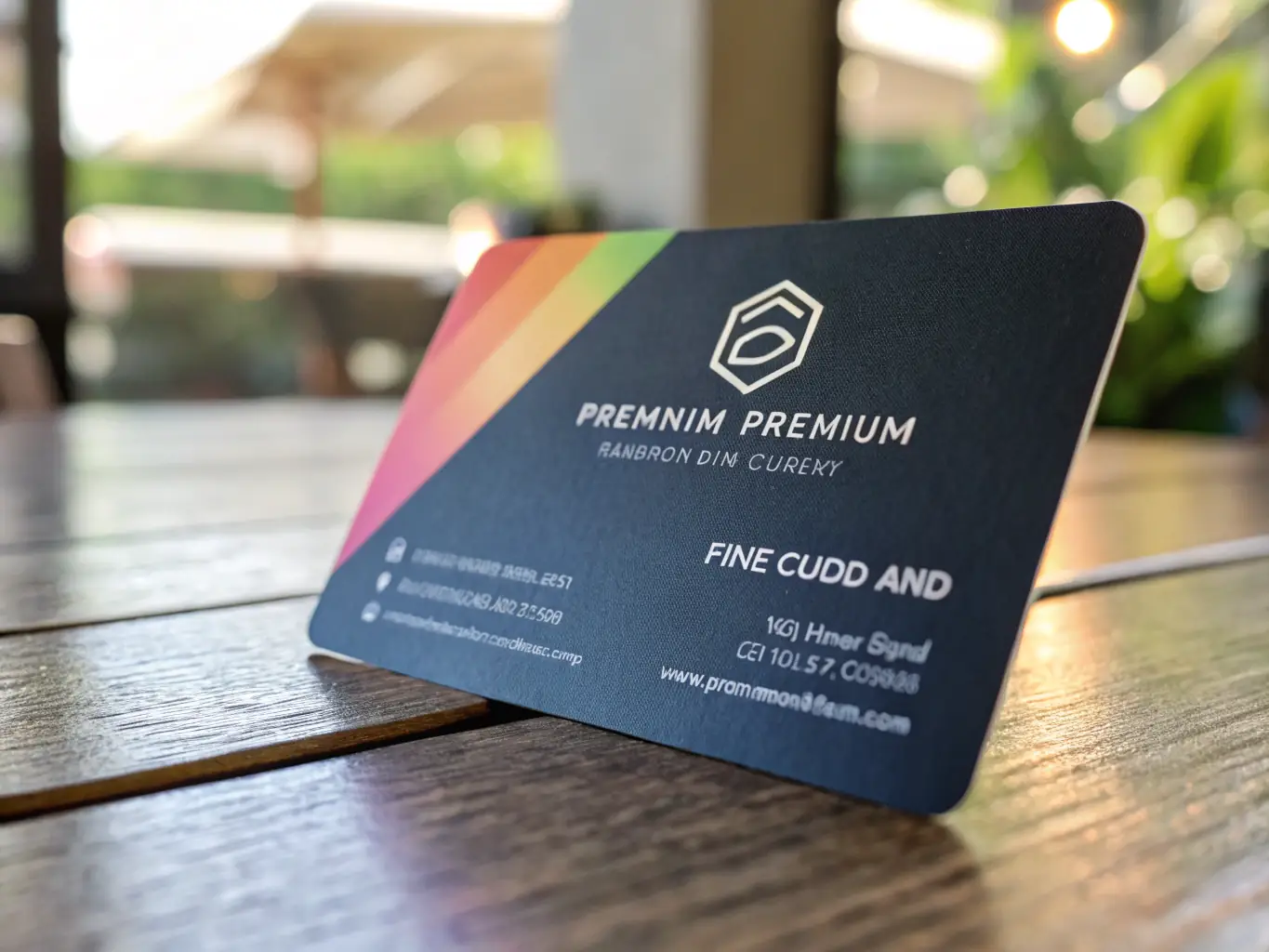 A close-up shot of a hand holding a sleek, modern business card with a minimalist design, set against a blurred background of an office environment, emphasizing professionalism and attention to detail.
